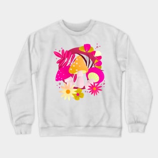 Magenta and orange retro flowers and mushrooms Crewneck Sweatshirt